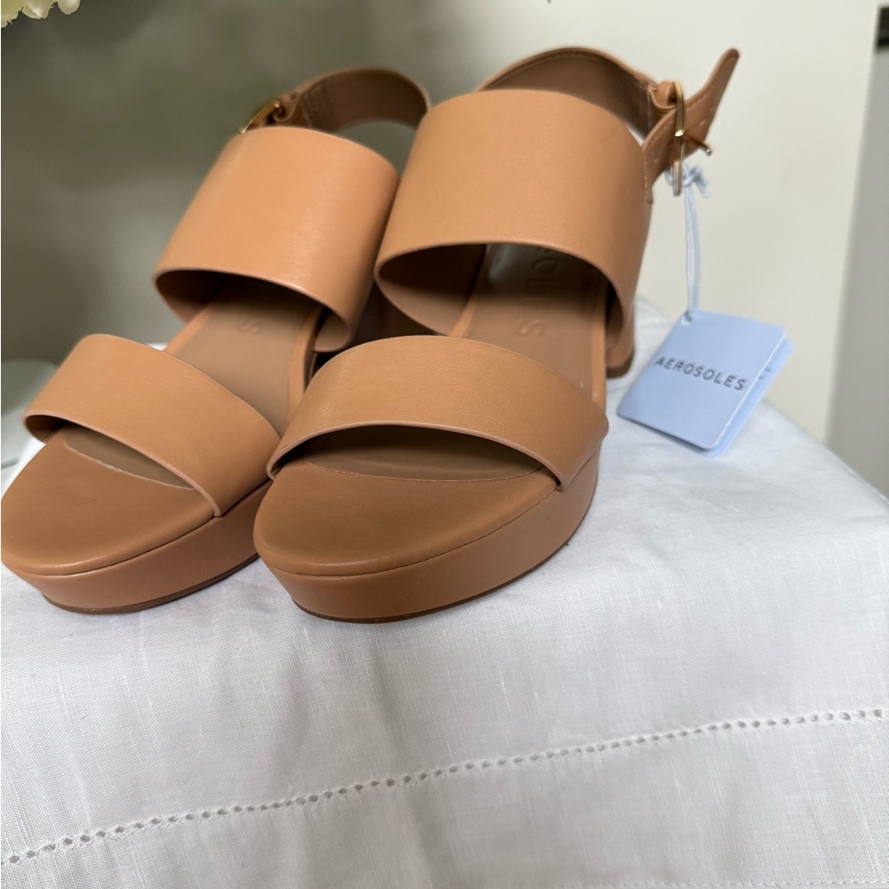 AEROSOLES Tan Sandals with Wide Strap and Flat Sole